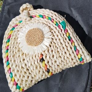 Woven Cream Clutch with Floral Accent